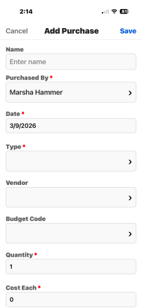 Follett Software Ops App, Add Purchase screen.